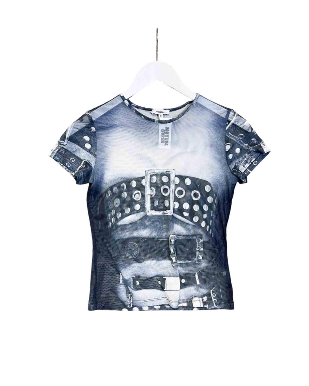 Size M | Miaou Print Sheer Mesh in Belt Print Top