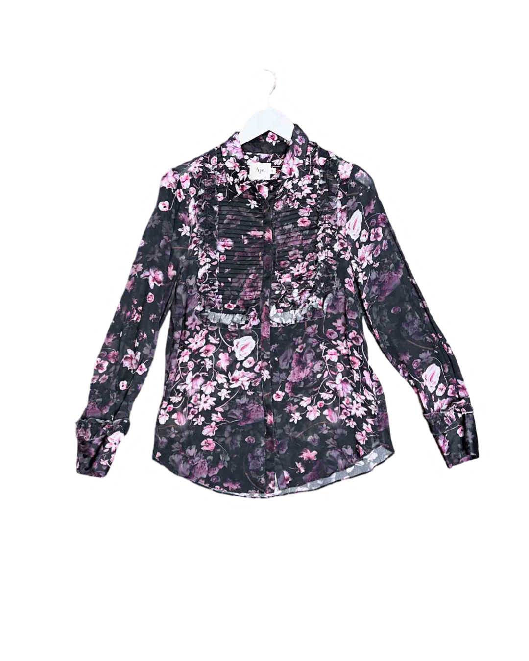 Size 8 | Aje Black and Multicoloured Floral Ruffle Blouse