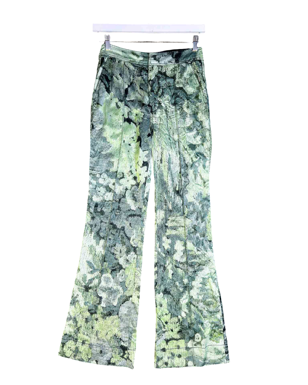 Size 34 (6) | Ganni Crinkled Satin Floral Print Flare Pants