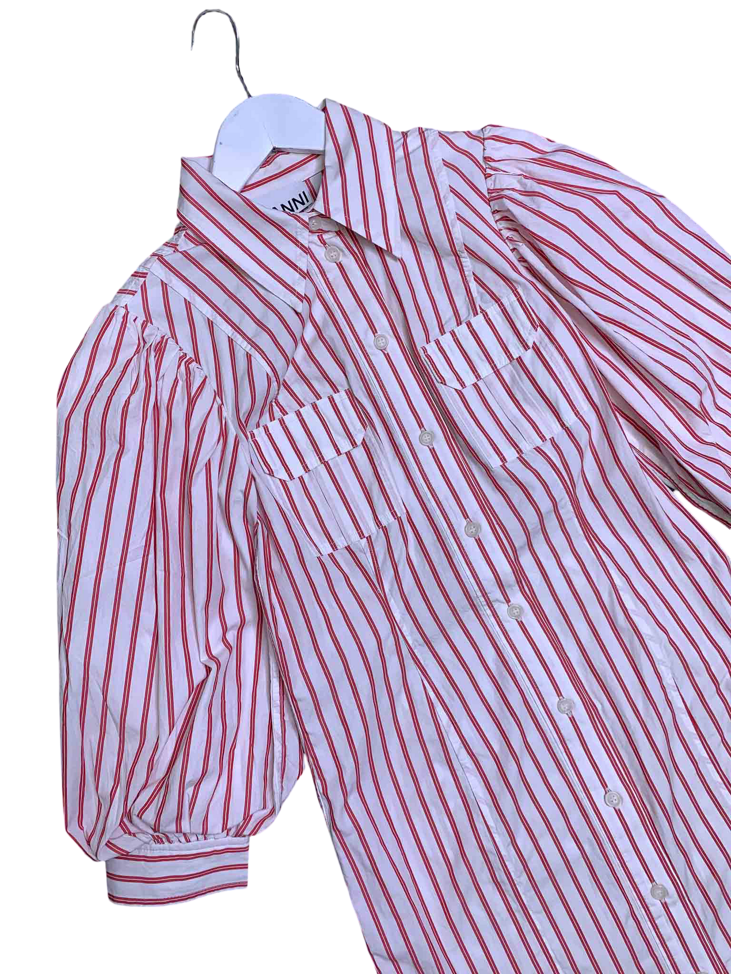 Size 38 (M) | Ganni Striped Puff Sleeve Shirt Style Mini Dress With Tags
