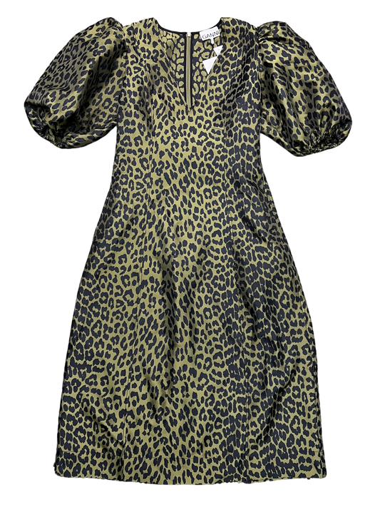 Size 8 - Ganni Leopard Print Crispy Jacquard Midi Dress