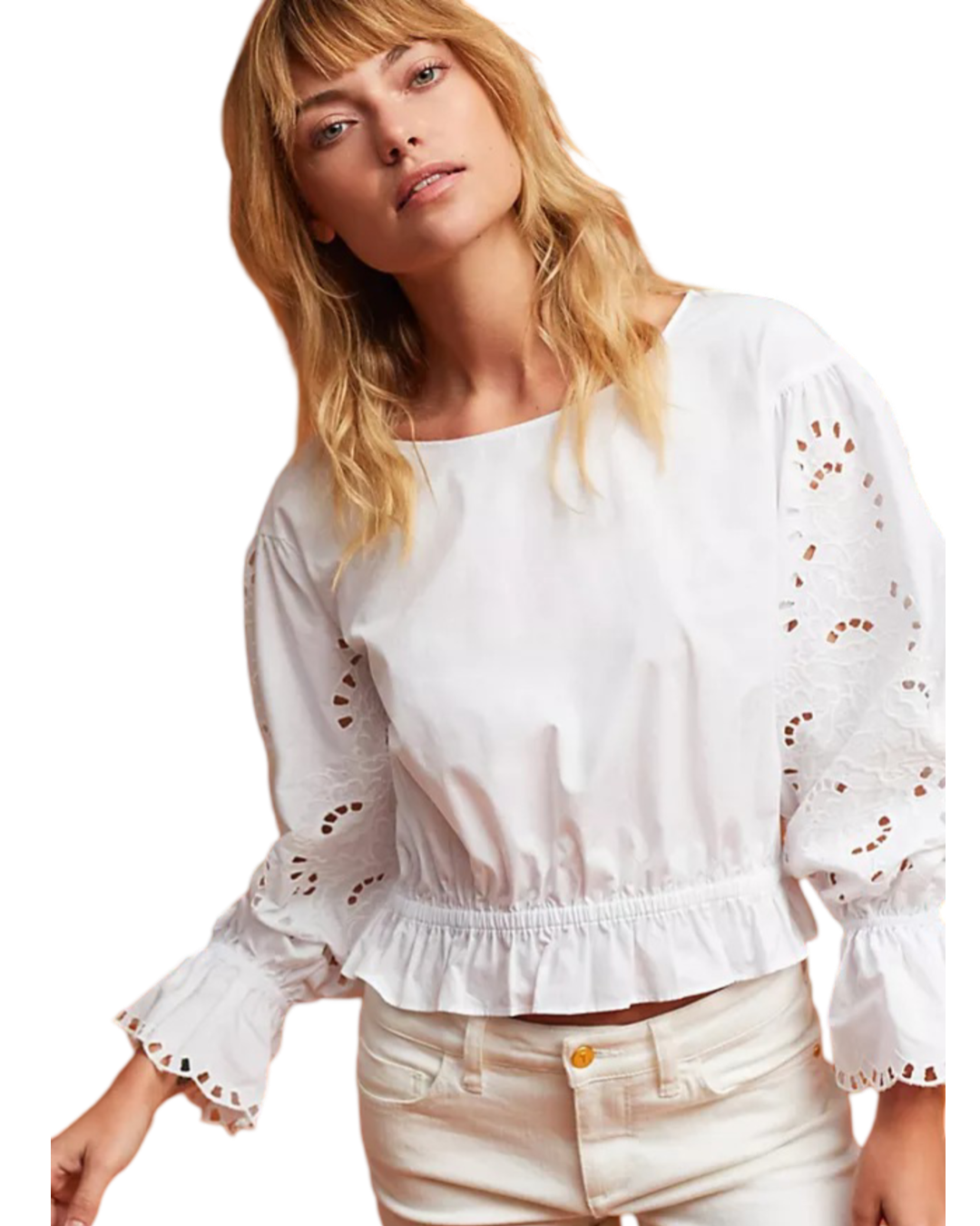 Size M | Maeve White Broderie Anglaise Long Sleeve Top