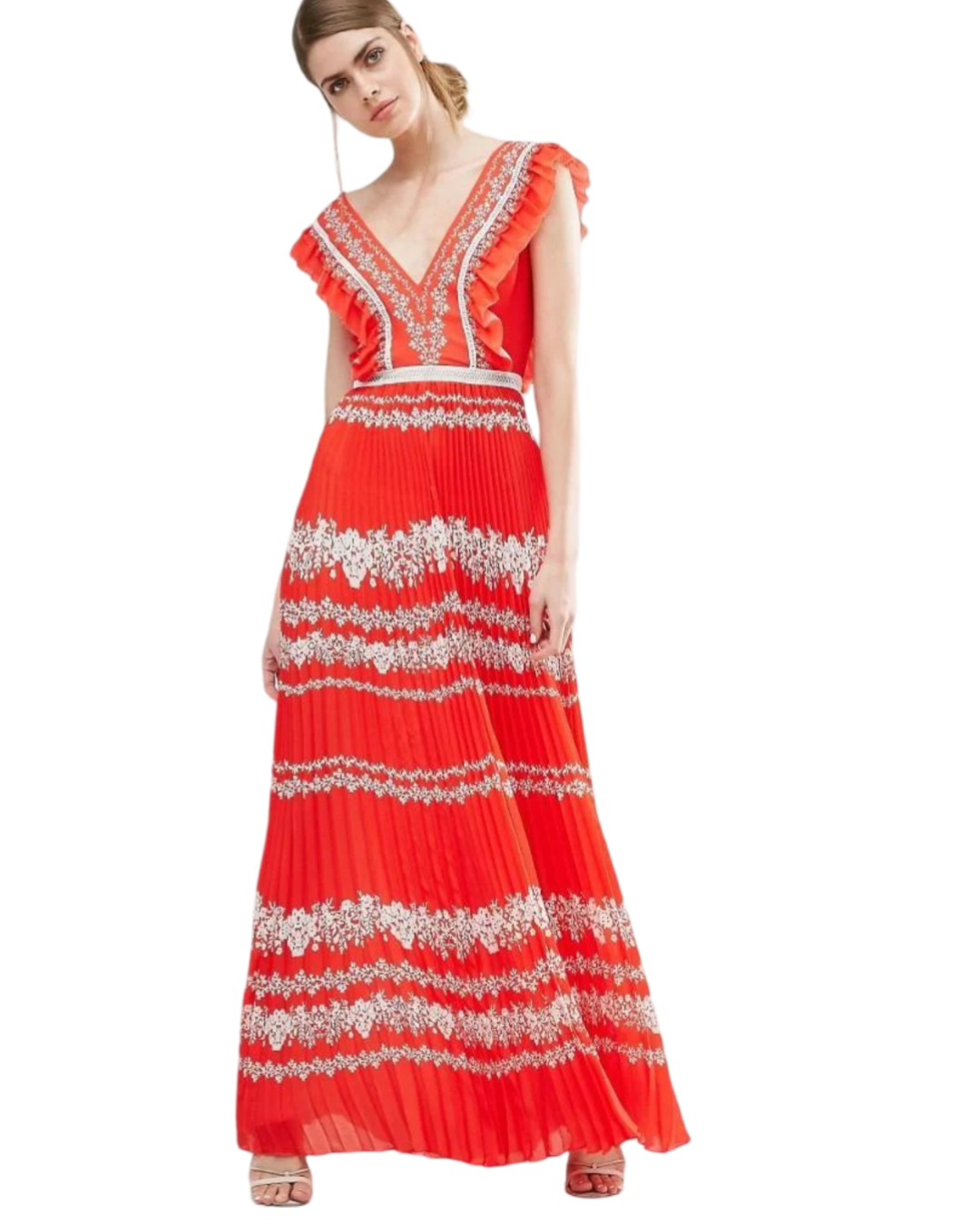 Size 8 | Self-Portrait Red Pleated Flower Spell Maxi Dress
