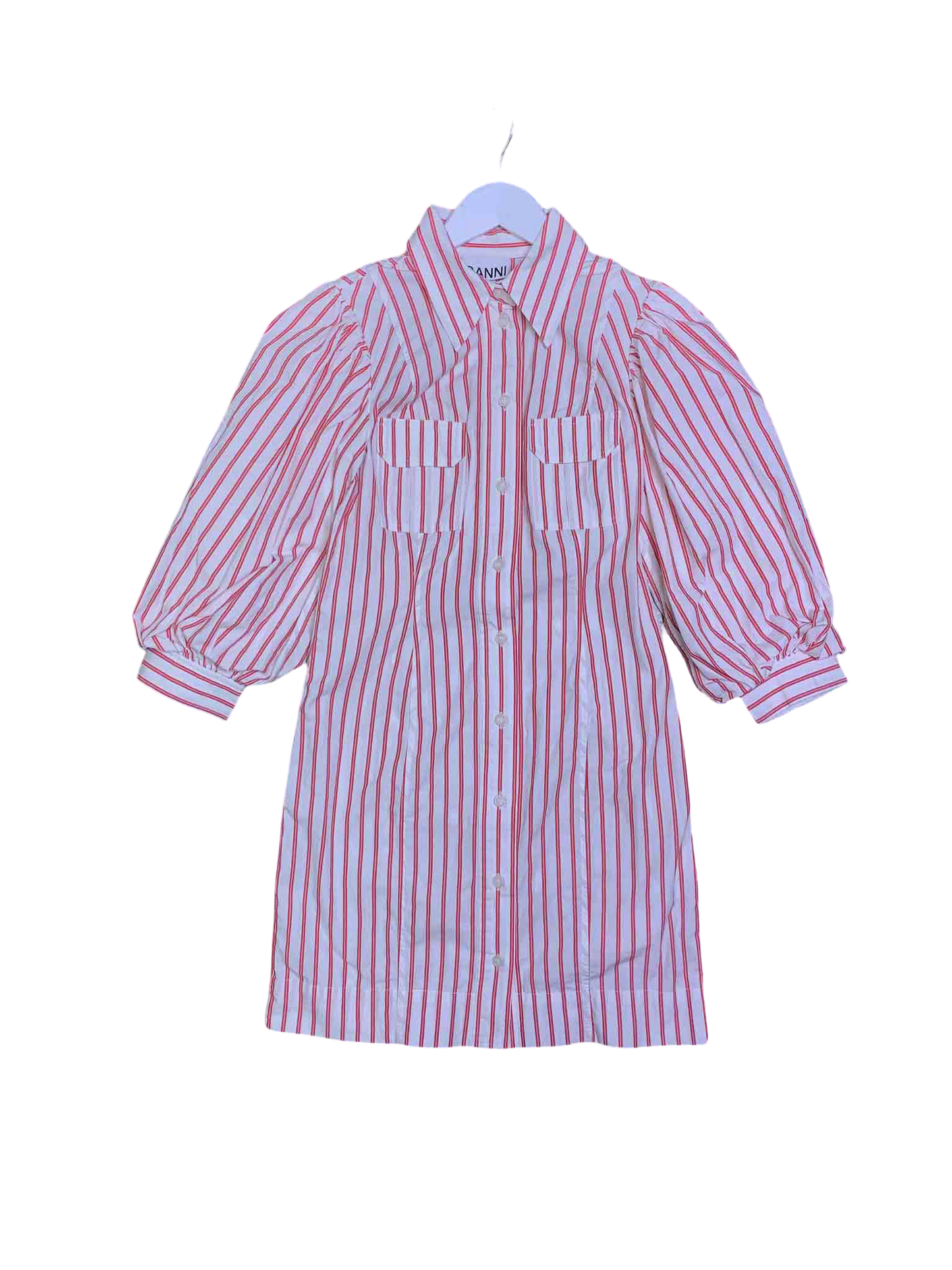 Size 38 (M) | Ganni Striped Puff Sleeve Shirt Style Mini Dress With Tags
