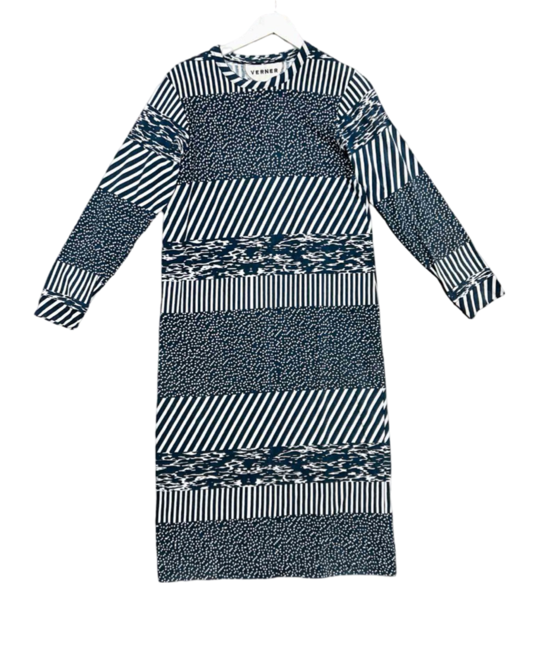 Size L | Verner Blue and White Cotton Print Stripe Midi Dress