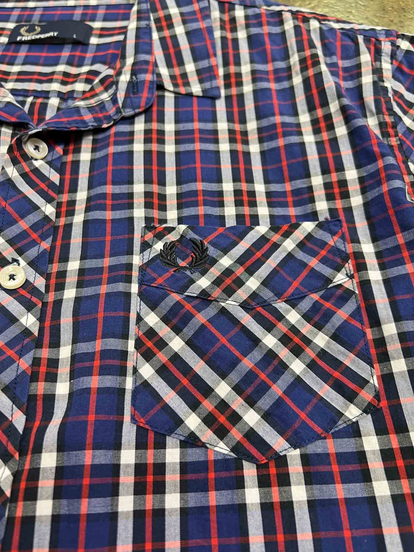 Size L | Fred Perry Blue Check Short Sleeve Cotton Shirt