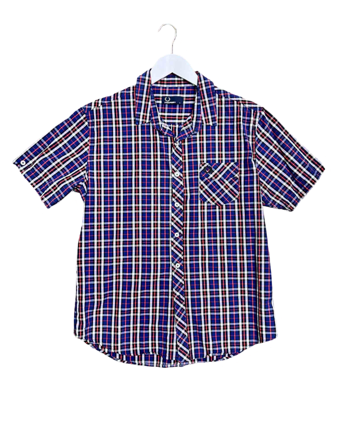 Size L | Fred Perry Blue Check Short Sleeve Cotton Shirt