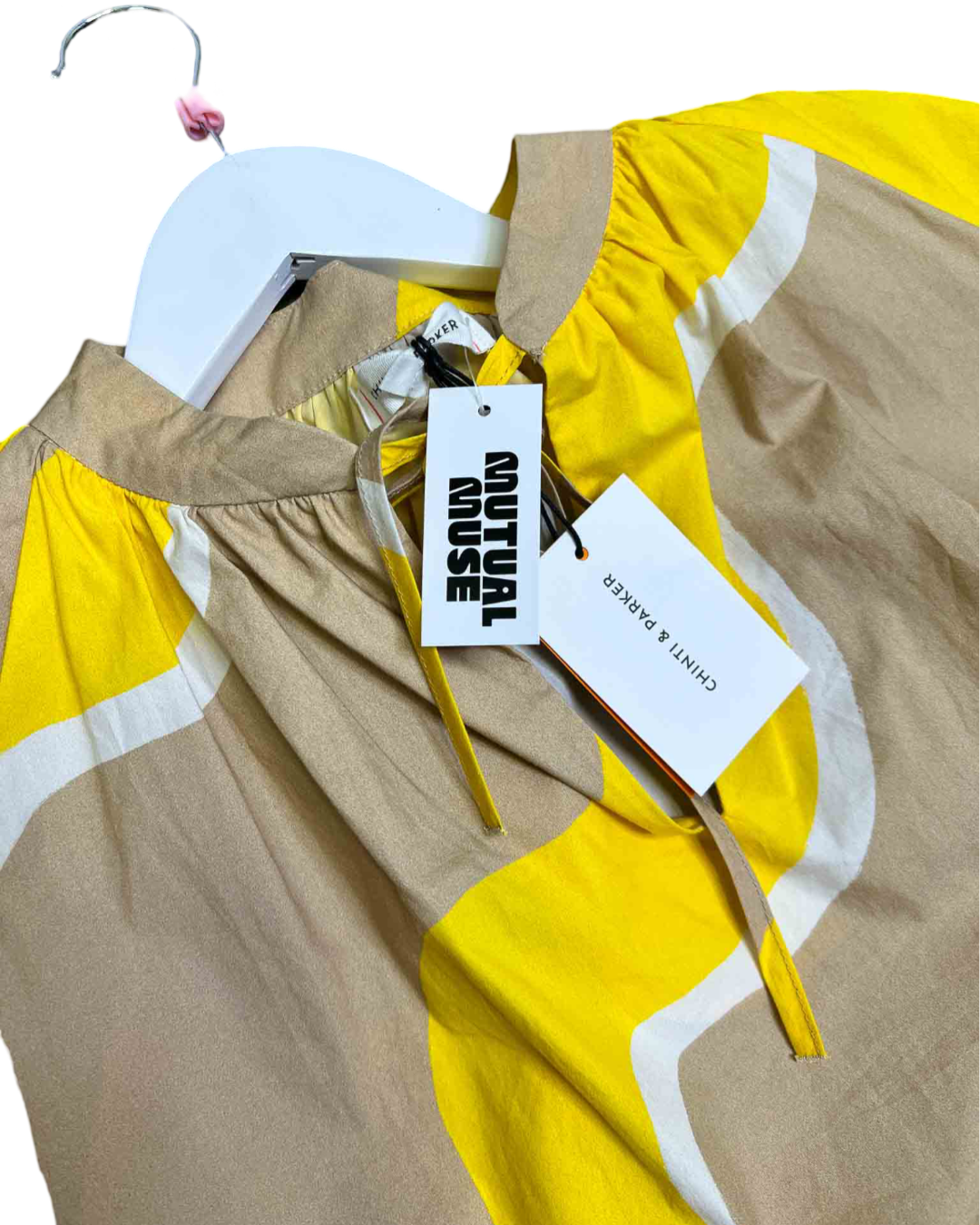 Size 10 | Chinti & Parker Yellow and Tan Wave Cotton Poplin Above-Knee Smock Dress